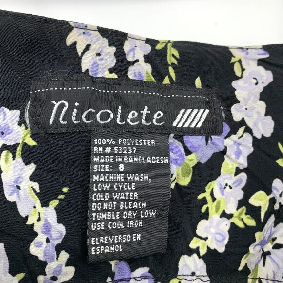 Vintage 90s Midi Dress Womens Size S/M Black Purple Floral Print Ruffle Detail - Picture 5 of 5